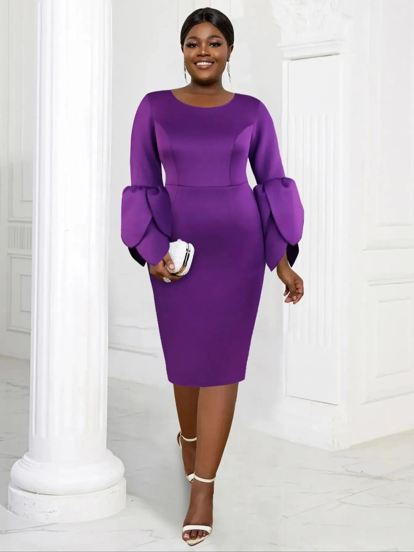 Maxy Purple Midi Dresses for Women Plus Size O Neck Long Ruffles Sleeve Elegant Formal Occasion Birthday Wedding Guest Evening Gowns