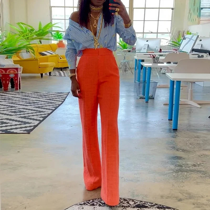 Maxy Women Two Piece Set Summer Casual Strip Printed Lapel Long Sleeve Button Shirts Top With Pocket Pencil Pants Sets