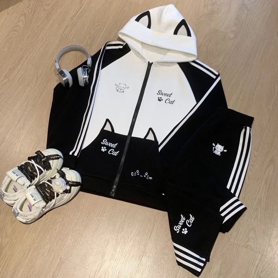 Maxy Fashion pants suit Autumn and Winter Sweet Sports Suit Female Japanese College Style Hooded Thickened Two-piece Set for Women