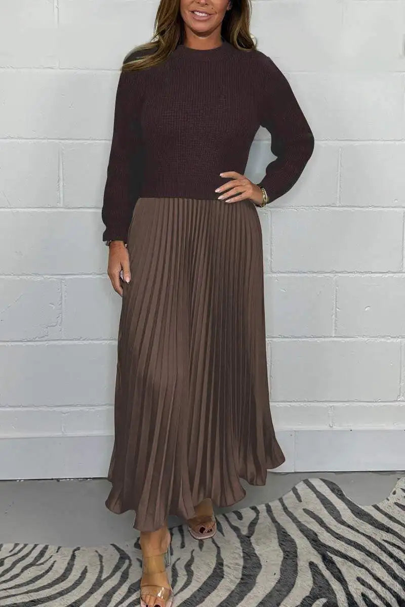 Maxy Women's solid color Long Sleeve Jumper Pleated Bottom Dress S-3XL Elegant and stylish pleat dresses with round neck for women