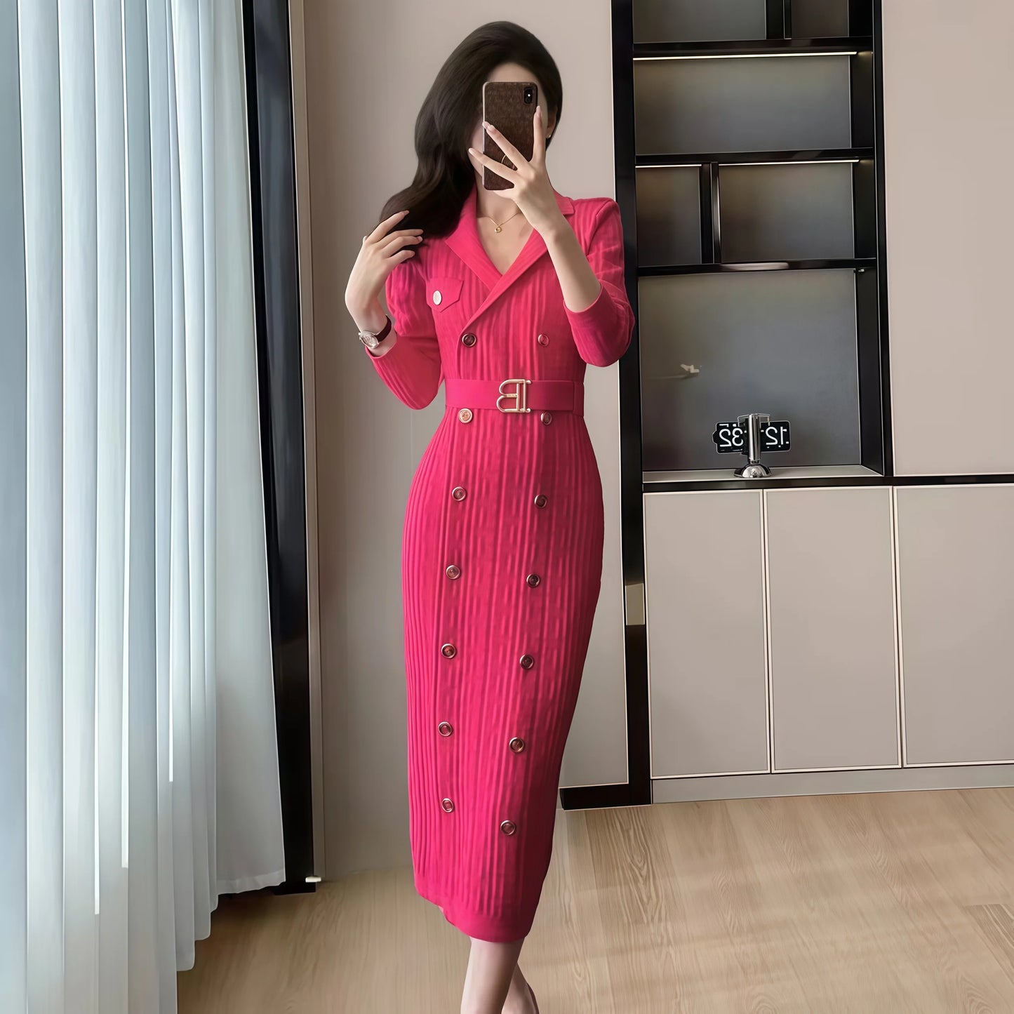 Maxy Spring New French Elegant Knitted Midi Dress Women Fashion Lapel Long Sleeve Belt Two Breasted Stretch Party Dress Female