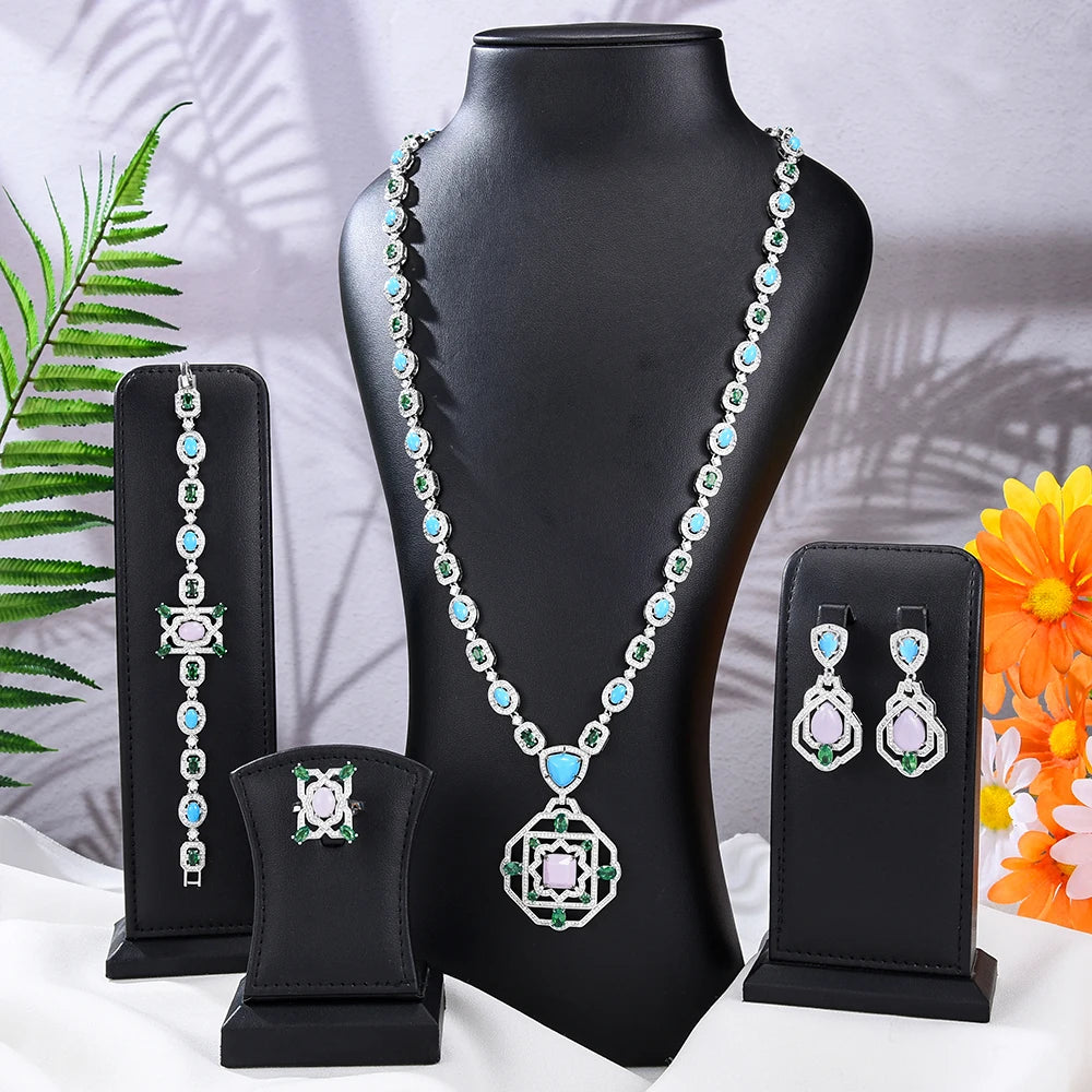 Maxy New Fashion Turquoise Bridal Jewelry Set For Women Wedding Party Necklace Earring Set