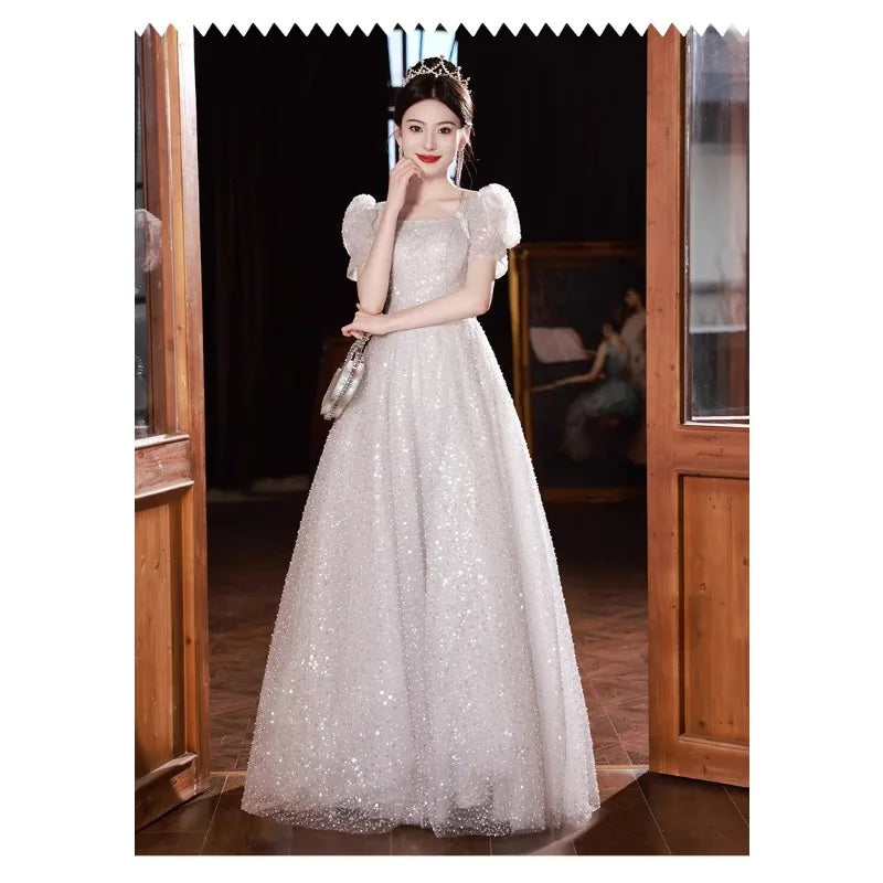 Maxy French Silver Gray Sequined Evening Gown with Straps, Niche Host Performance, Birthday Art Exam, Graduation Princess Dress