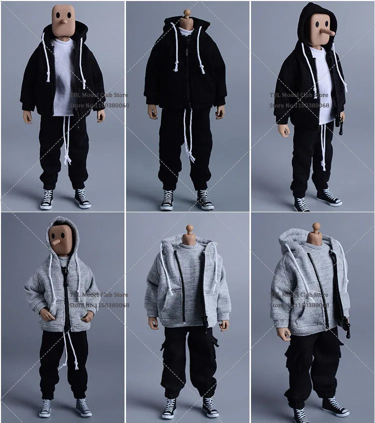 Maxy 1/12 Scale Male Soldier Clothes Set Casual Trendy Hooded Zippered Jacket Drawstring Sports Pants Fit 6inch Action Figure Doll