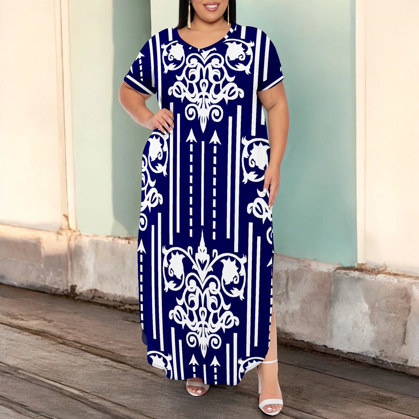 Maxy Plus Size V-Neck Short Sleeve Dress Navy White Stripe Scroll Print Elegant Summer Wear