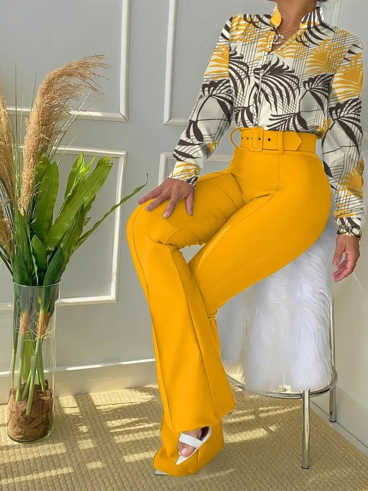 Maxy Casual Women's Two-Piece Sets Fall/winter Fashion Floral Print Stand Neck Long Sleeve Shirt & Wide Leg Pants 2pcs Set With Belts