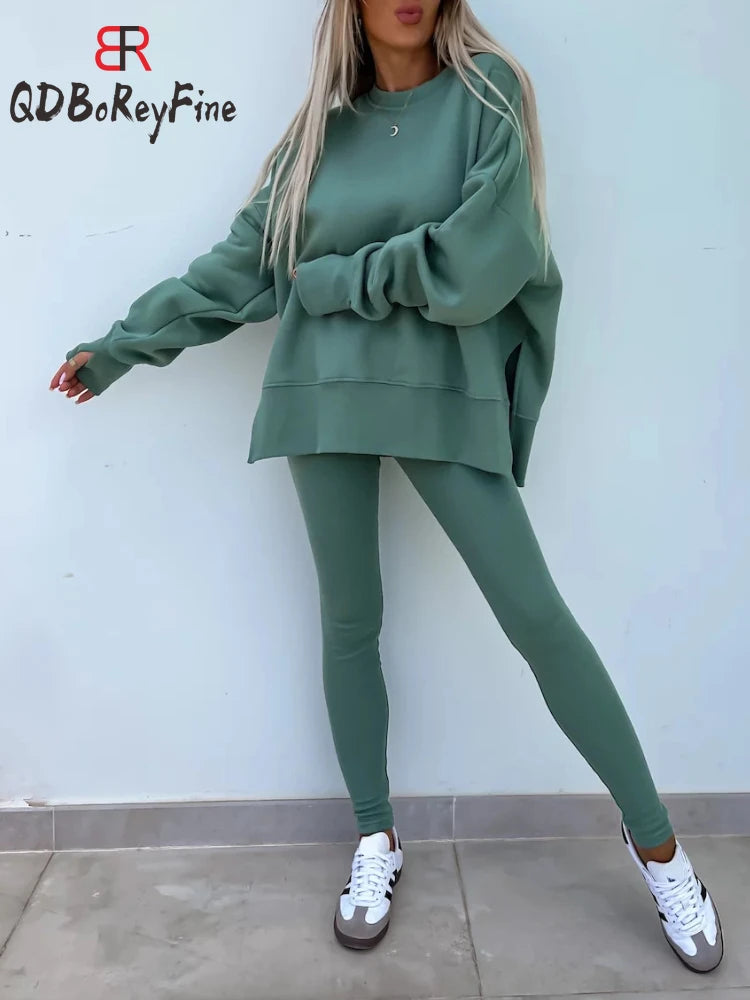 Maxy New in Women Tracksuit 2 Piece Sets Autumn Casual Oversized Sweatshirts Slit Fitness Slim High Waist Leggings Hoodie Set Female