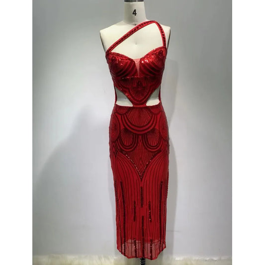 Babs High Quality Women Red Luxury Prom Gowns Cut Out Sequined Glitter Midi Calf Bodycon Dress Evening Club Party Birthday Dresses