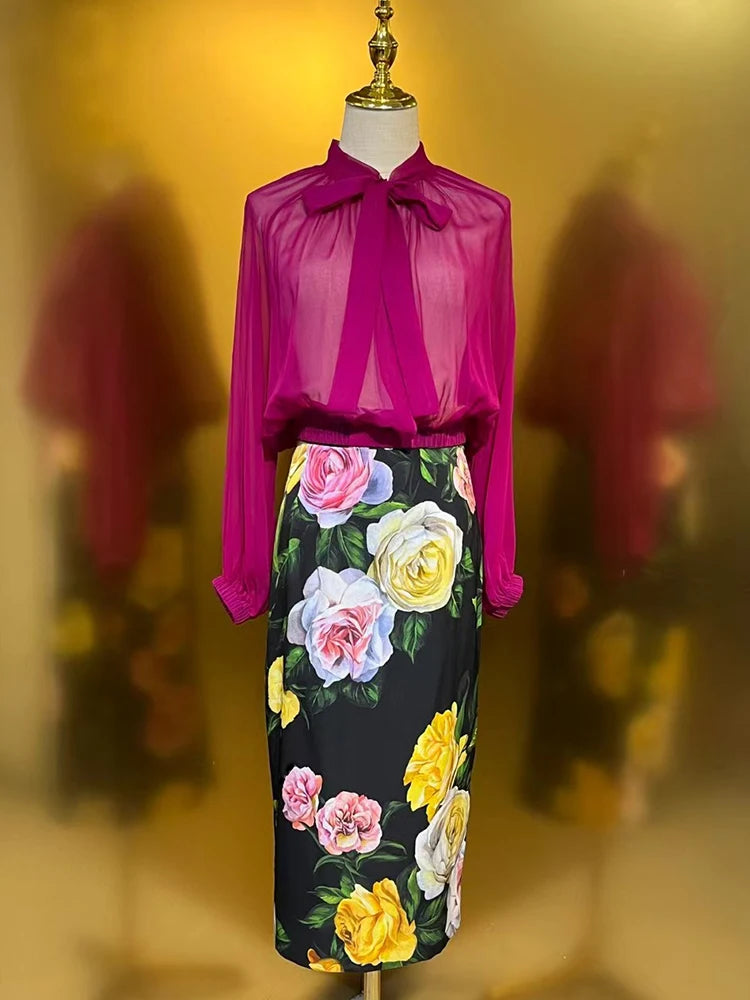 Maxy spring women's new chiffon silk straight shirt two-piece set + high-waisted printed silk wrap hip skirt fashion set