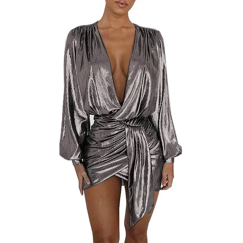 Maxy Plus Size Elegant Deep V-neck Long Sleeve Shiny Metallic Dress Women Evening Irregular Bodycon Mini Dress Vintage Ball Gowns