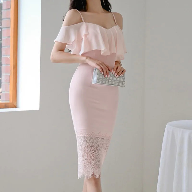 Babs Pink Dress for Women Slash Neck Korean Elegant Lace Patchwork Dress Bodycon Streetwear Ruffle Sleeve Party dress