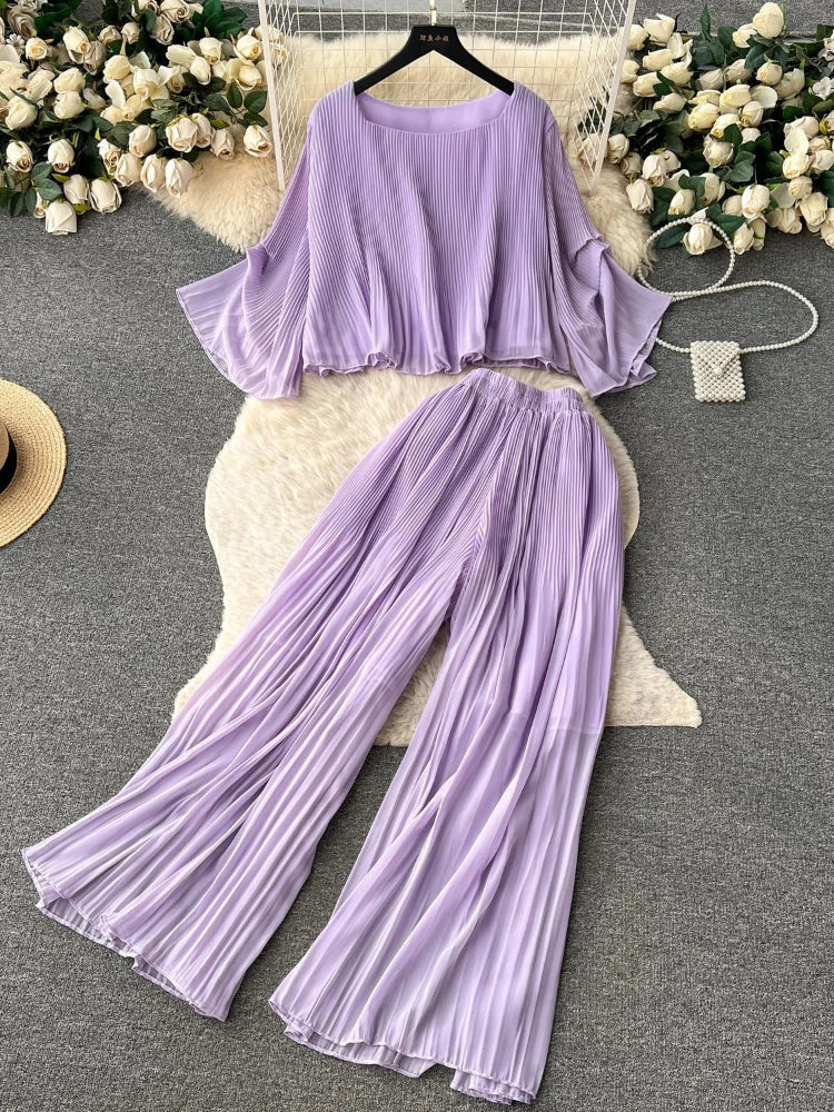 Maxy New Women Causal Chiffon Two Piece Set Spring Summer Loose Oversized Shirt Top High Waist Straight Leg Pants Pleated Suits