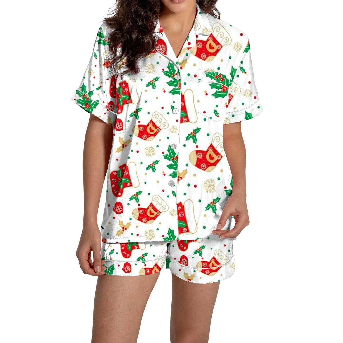 Christmas Graphic Print Women's Button-Down Shirts Pajamas Shorts Set Causal Women‘s Silk Satin 2 Piece Homewear Shorts Set Soft