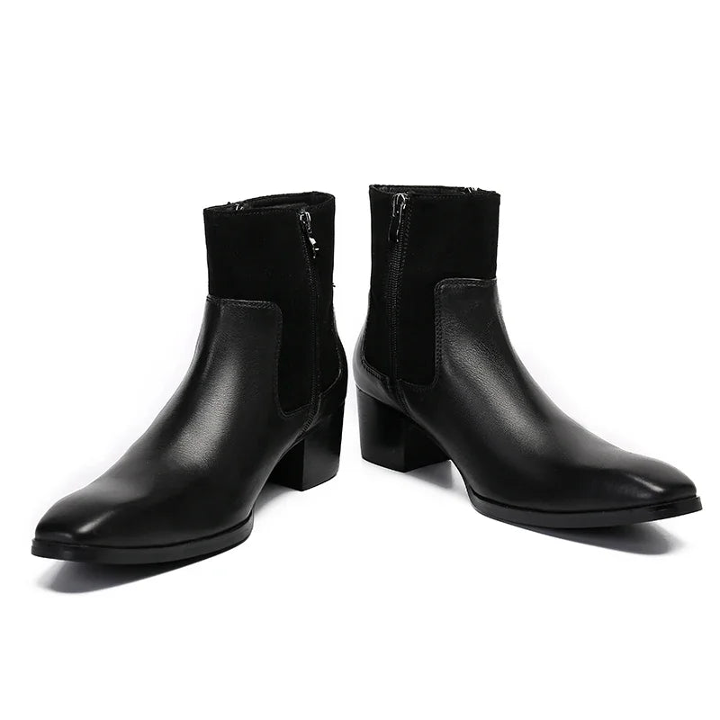 Amay Italian Business Black Male Real Leather Shoes Big Size Zipper Short Motorcycle Boot Classic Men Wedding Party Formal Dress Boot