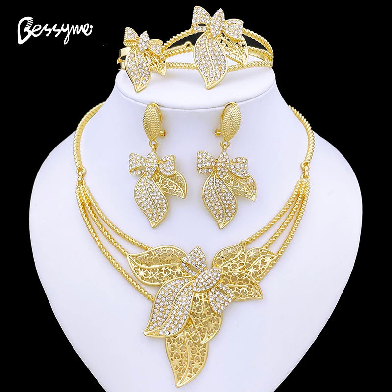 Vintage Women Jewelry Set Dubai Necklaces Earrings Ring Bracelet 18K Gold Plated 4Pcs Jewelry Nigeria Trending High Quality