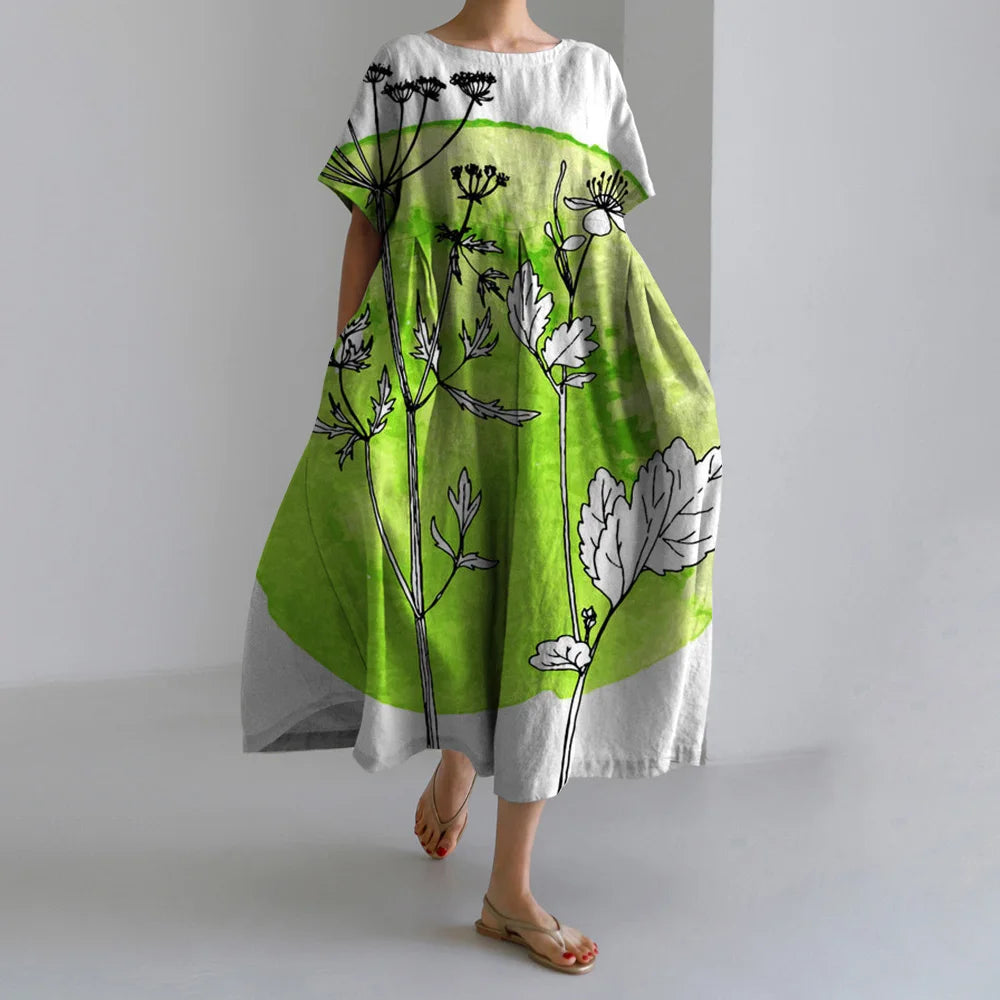 Maxy Summer New Bohemian Casual Dresses Vintage Women's Cotton Printed Dresses Womens Floral Long Dresses Round Neck Pullover Dresses