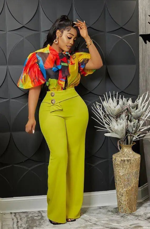 Maxy 2 Piece African Clothes for Women Autumn African Half Sleeve Polyester Top Long Pant Matching Sets African Clothing