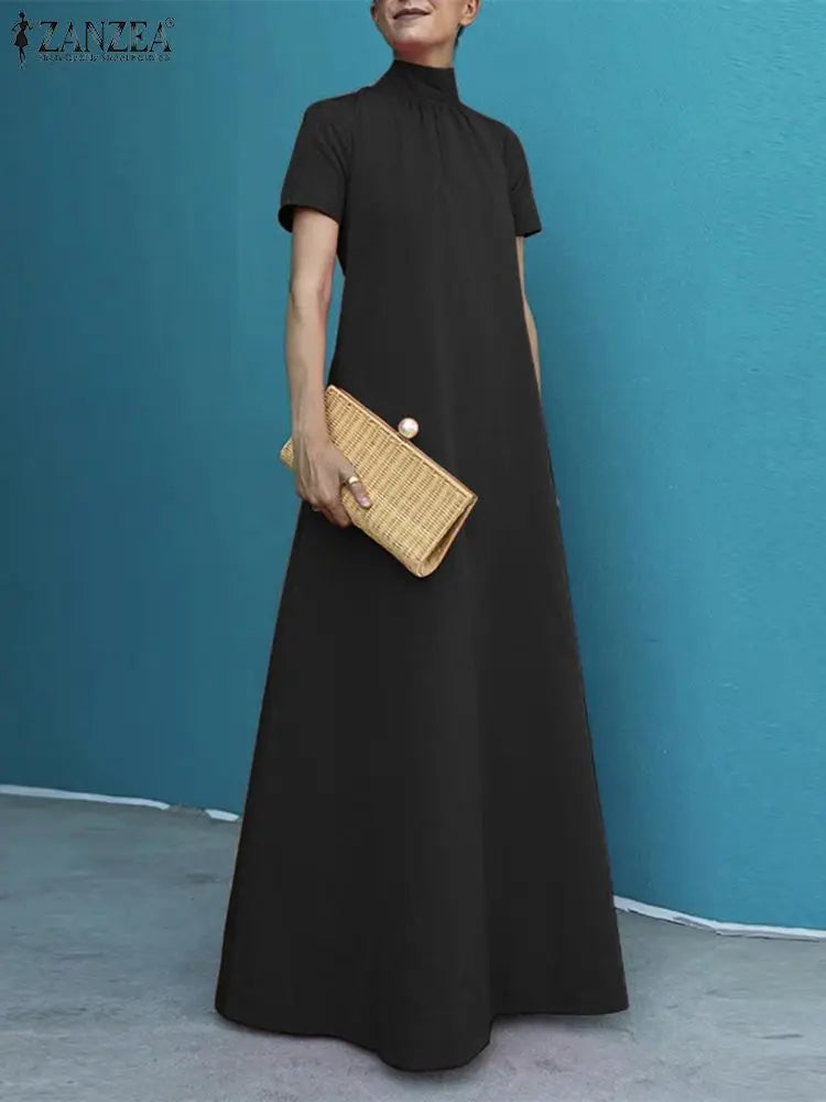 Maxy Summer High Collar Kleid Robes Casual Loose Party Long Dresses Women Short Sleeve Maxi Dress Elegant Solid dress