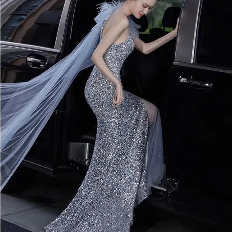 Maxy Elegant Mermaid Evening Dresses for Women Luxury Formal Long Party Dress Cocktail Wedding Dress With Sequins One Shoulder Dress
