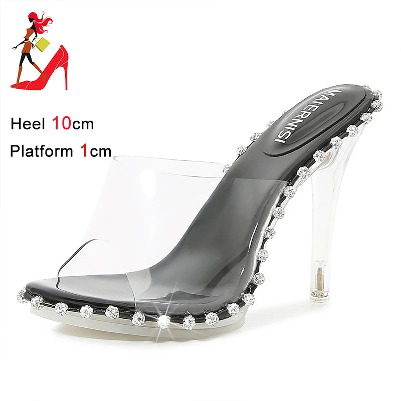 Momsey 2024 New Lady Transparent High Heels Summer Luxury Crystal Sandals 10CM Women Elegant Party Shoes Designer Rhinestone Slippers