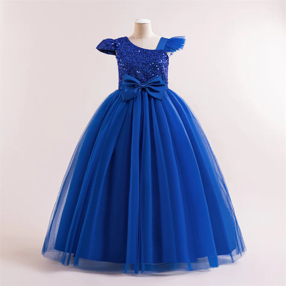 Maxy Girls Solid Sequin Mesh Bow Formal Evening Gown Kids Piano Performance Host Costume Children Wedding Elegant Princess Dress