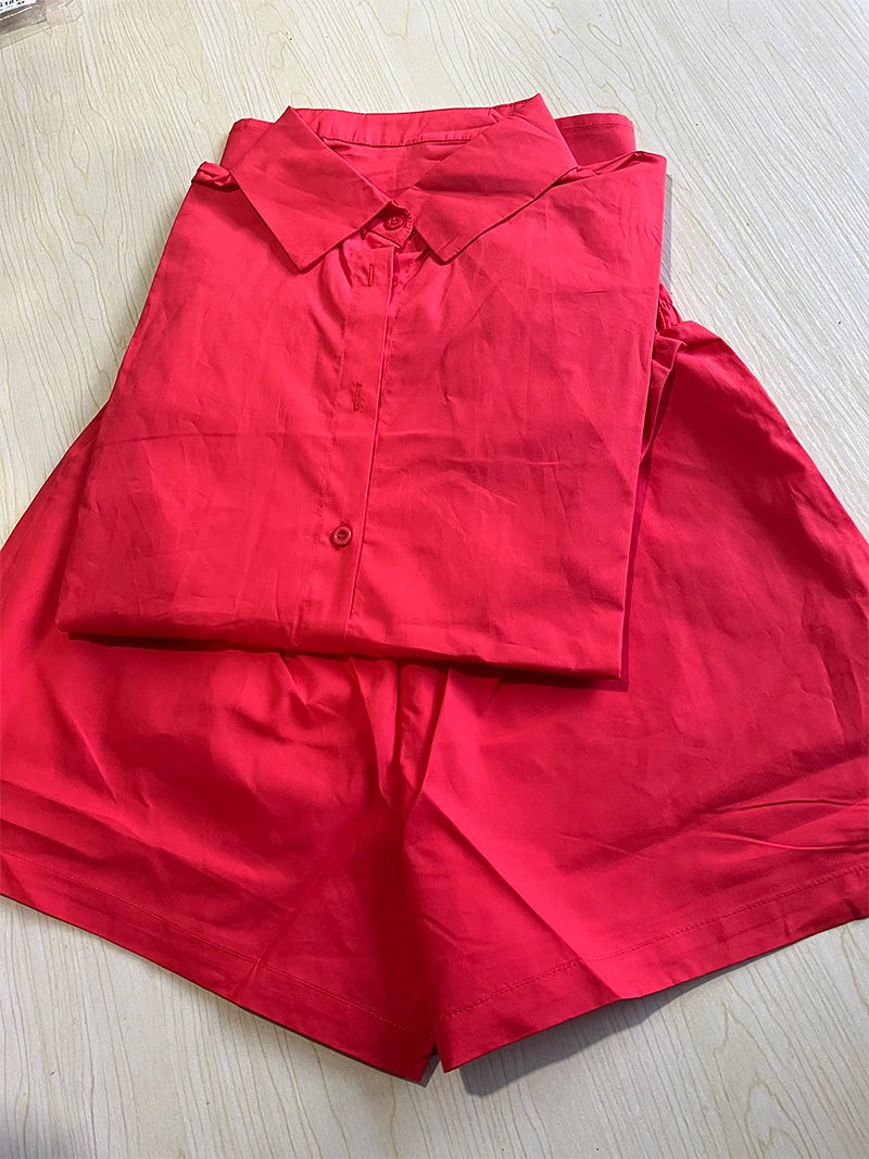 Maxy Women Tracksuits Shirt with Mini Shorts Cotton Two Pieces Sets Fashion Clothing Outfits Women Blouses Fashion Tracksuits