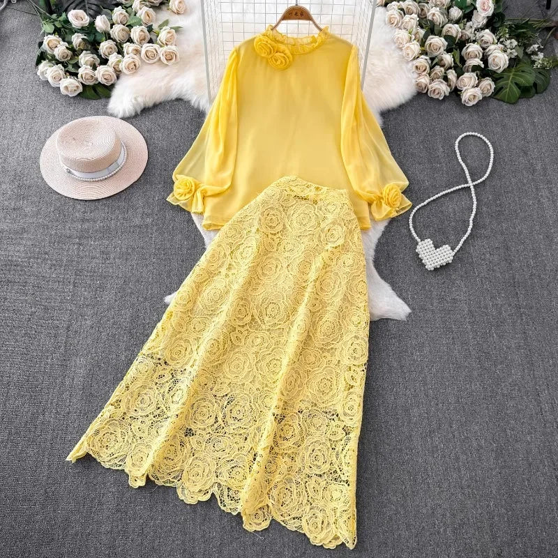 Women 2 Piece Sets Elegant Vintage O-neck 3D Flower Chiffon Shirts Hollow Out Lace Bodycon Skirts Suit Summer Two Piece Set