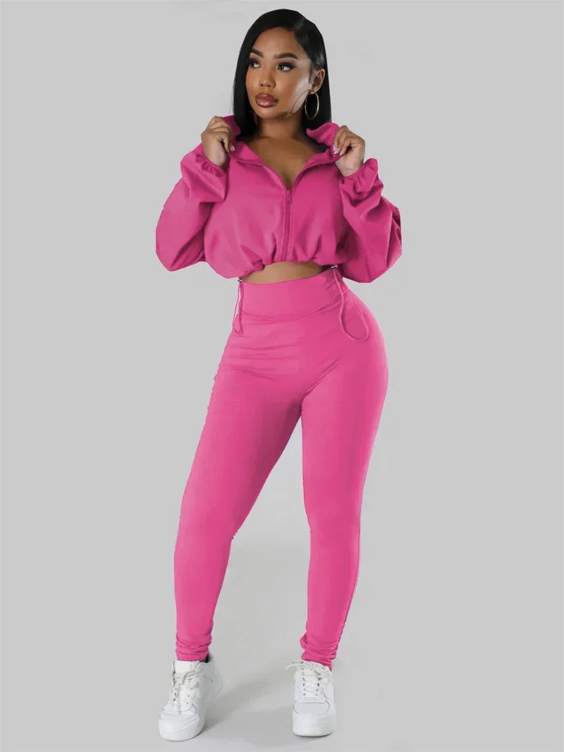 Maxy Solid Sporty Two Piece Set for Women Tracksuit Casual Fitness Workout Zipper Bomber Jacket Top and Sweatpants Matching Sets