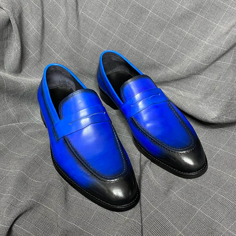 Visco Classic Handmade Mens Penny Loafers Genuine Leather Blue Wedding Party Formal Shoes Italian Style Business Dress Shoes for Men