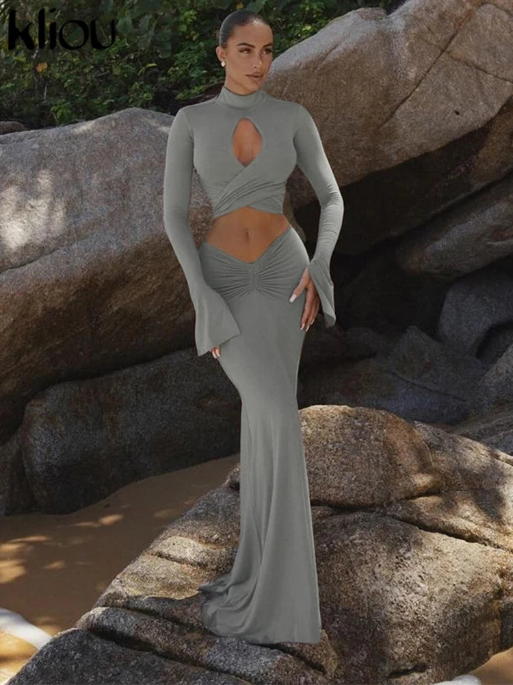 Amay Elegant Women 2 Piece Set Fall Hollow Bandage Stand Collar Tops +Shirring Maxy Skirts Female Matching High Street Outfits