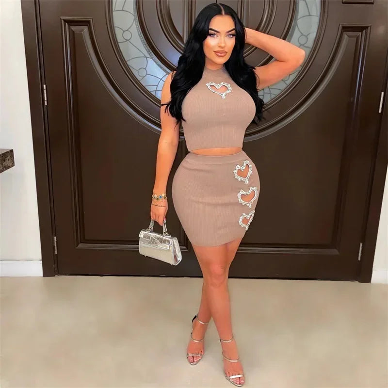 Amay Diamond Love Hollow Out Knit Ribbed 2 Piece Set Women Clothing Sleeveless Crop Top + Mini Skirt Night Club Outfits Matching Sets