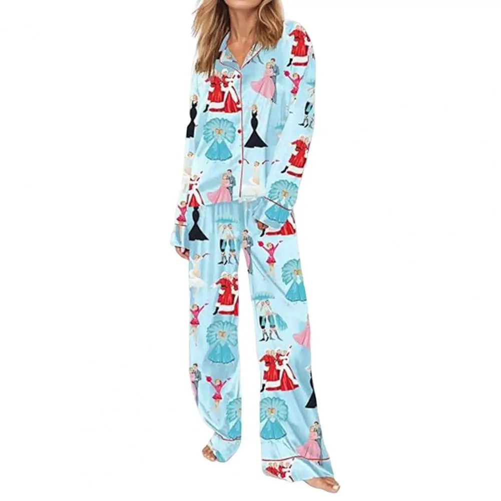 Women Long Sleeve Pajama Set Women Lapel Notch Collar Pajamas Colorful Christmas Pajamas Set with Satin for Women for Holidays