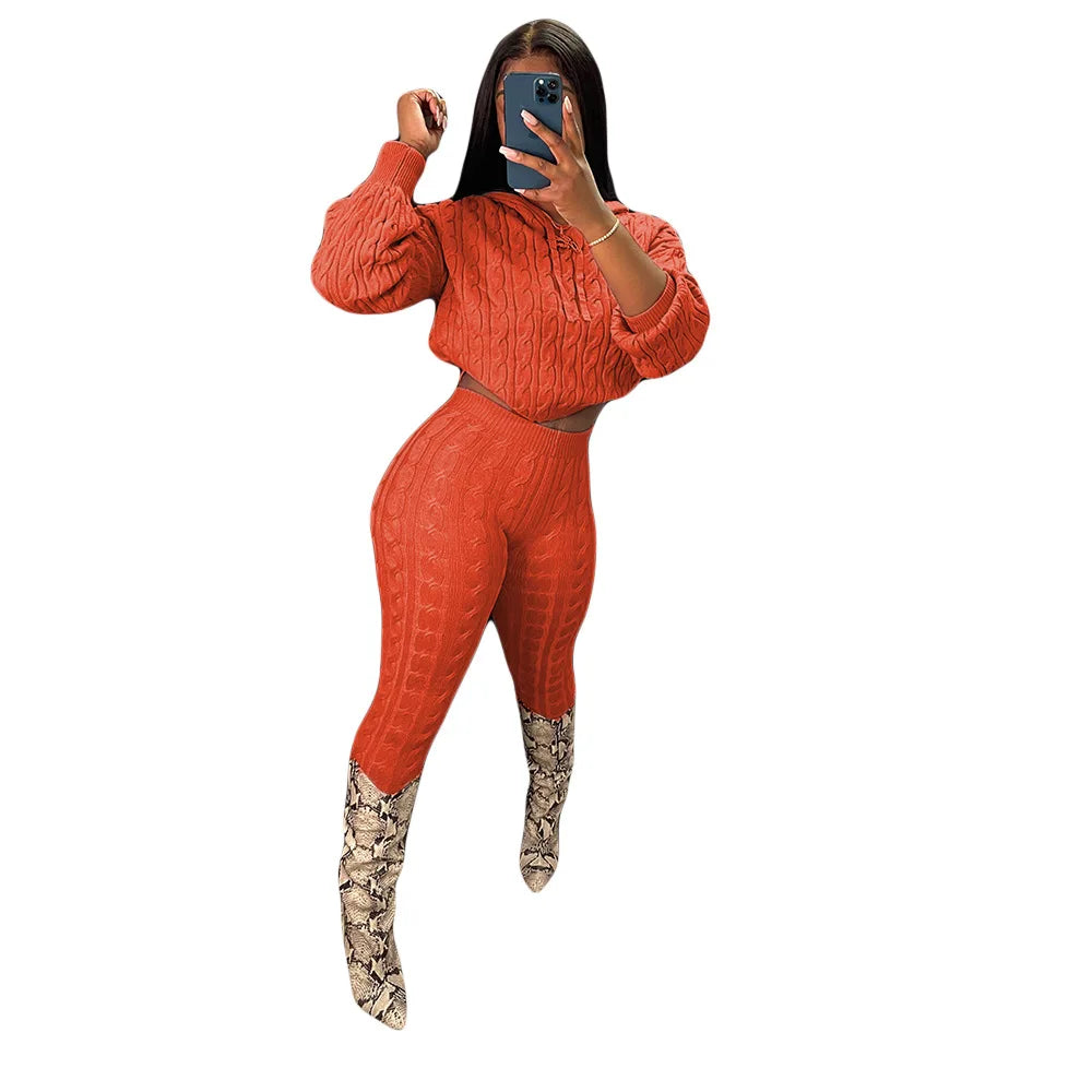 Maxy Fall Winter Women Knit Sweater Matching Sets Skinny Hoodies and Pants Clothing Casual Loungewear 2 Two Piece Outfits
