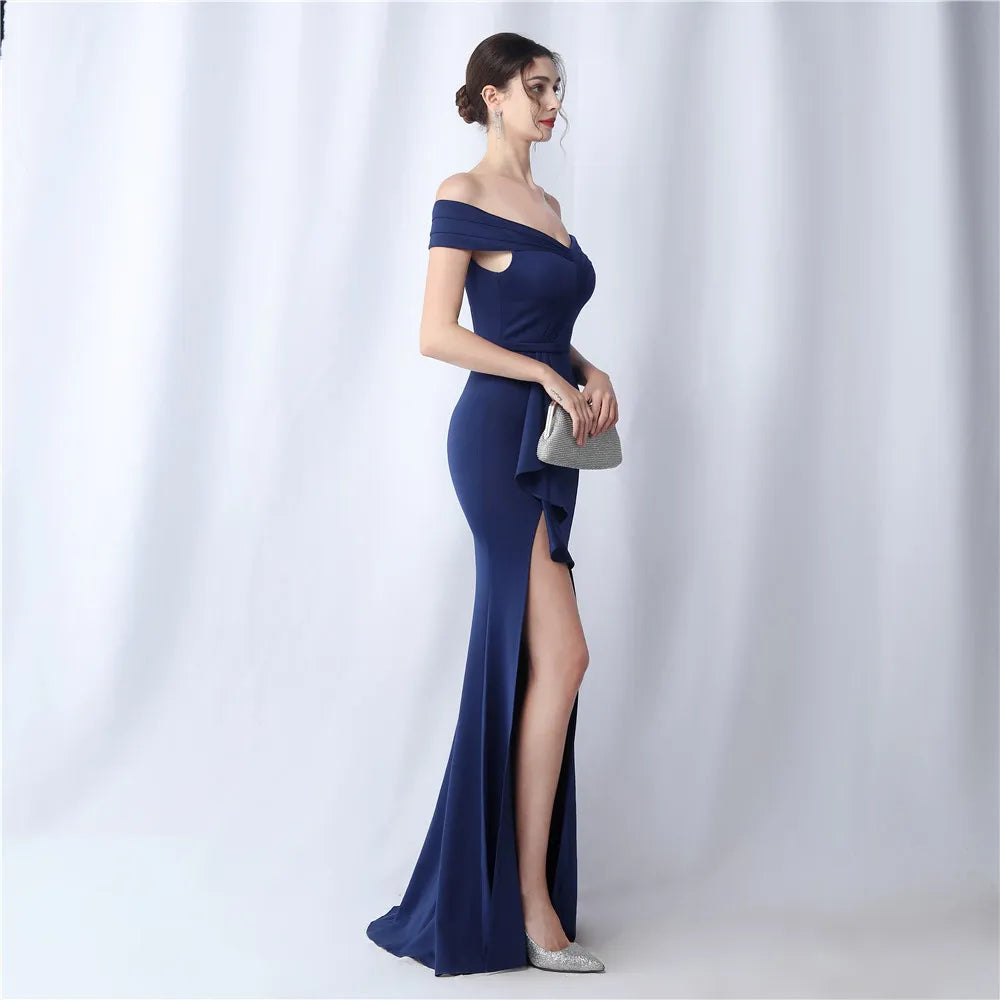 Maxy Evening Dresses Navy Blue Stretchy Off the Shoulder Ruffles Zipper Back Mermaid Slit Floor Length Women Party Formal Gowns YE038