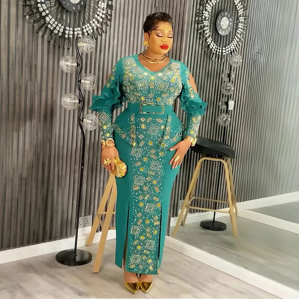 Maxy Luxury African Evening Dresses for Women Plus Size Wedding Party Gown Ankara Dashiki Beads Africa Clothing Turkey Outfits Robe