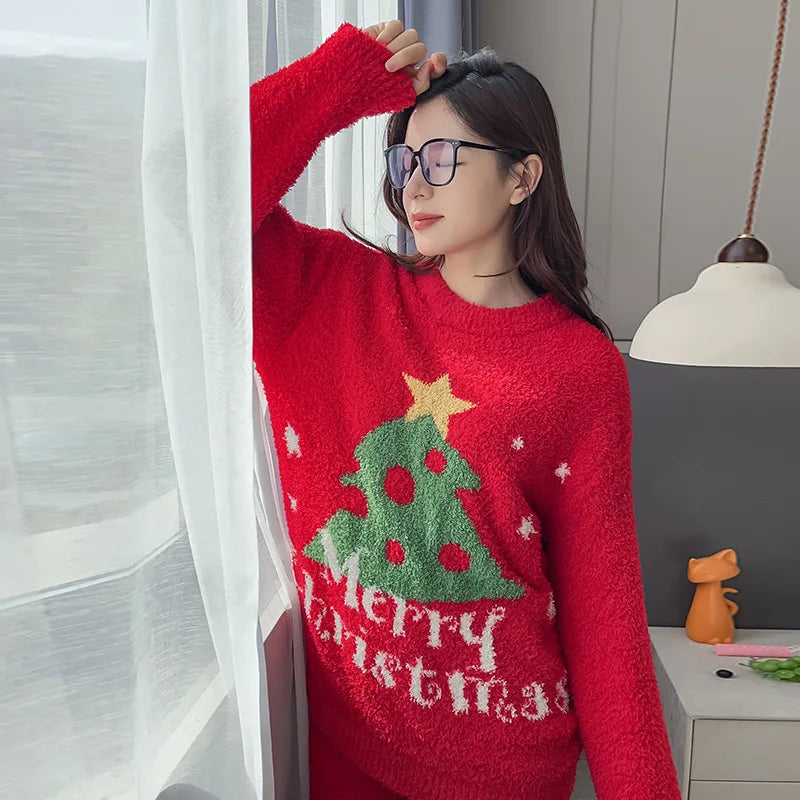 Christmas New Year Pajamas Autumn Winter Coral Velvet Nightwear Loose Casual Home Clothes Warm Knitted Loungewear Sleepwear Set