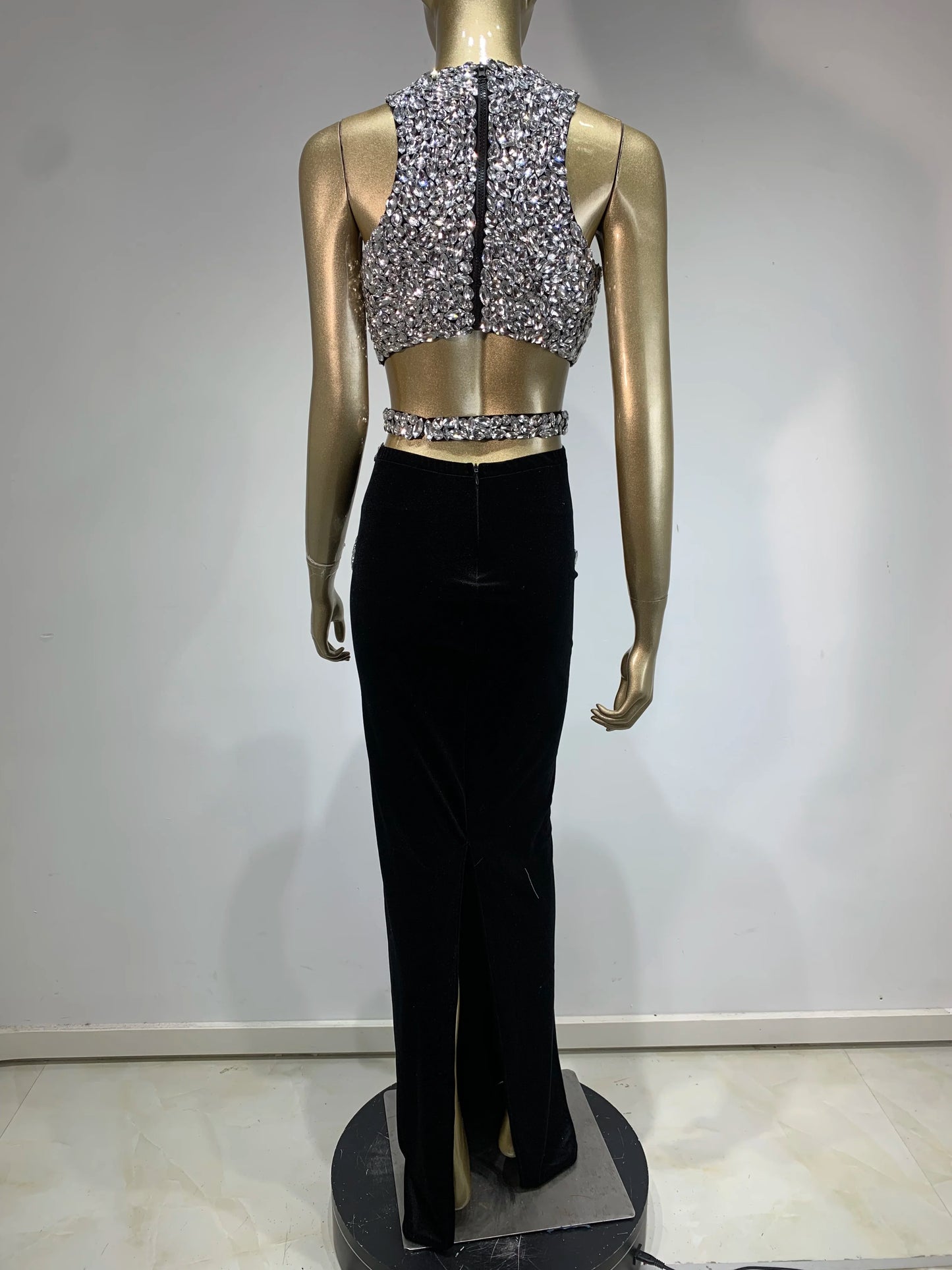 Maxy Sparkly Rhinestone Two-piece Set Women Sexy Velvet Singer Nightclub Outfit Celebrate Birthday Elegant Party Dresses