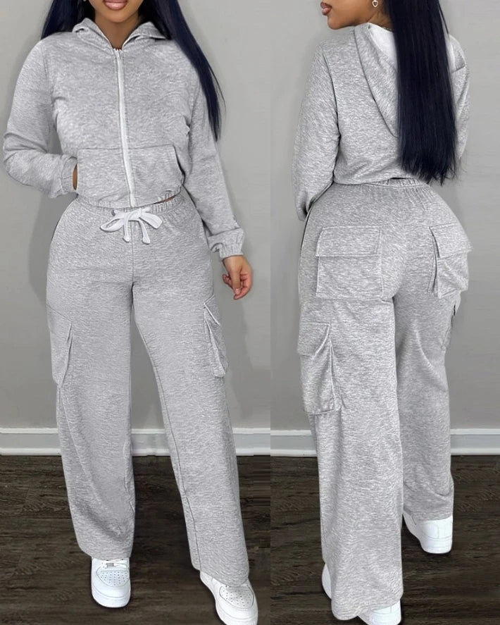 Amay Women's Sports Style Suits Autumn Winter Latest Long Sleeve Crop Hooded Sweatshirt & Pocket Design Sweatpants Pants Set