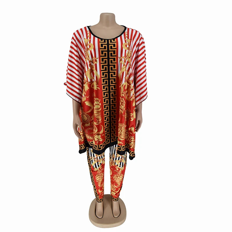 Maxy Loose African Style Women Top Pants Two Pieces Set Leopard Print Plaid Striped Dashiki Brand Outfit Party Fashion Lady Suit