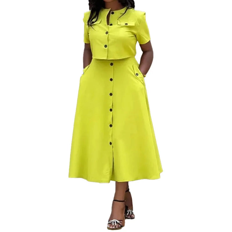 Babs Skirts Shirt Women's Two-piece Set Elegant O Neck Short-sleeved Button Top High Waist Skirt 2-piece Suit Woman Spring Summer