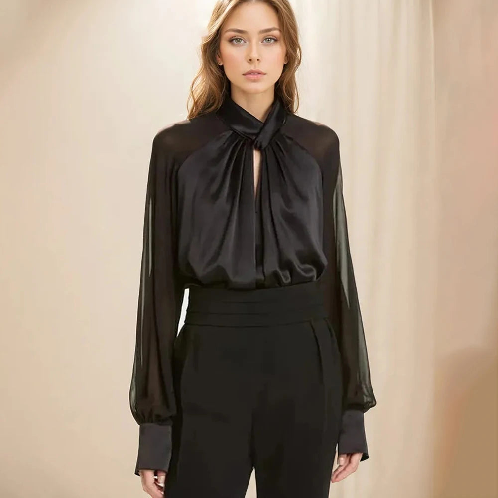 Maxy Solid Minimalist Blouses For Women Stand Collar Long Sleeve Casual Pullovers Shirts Female Fashion Style Clothes