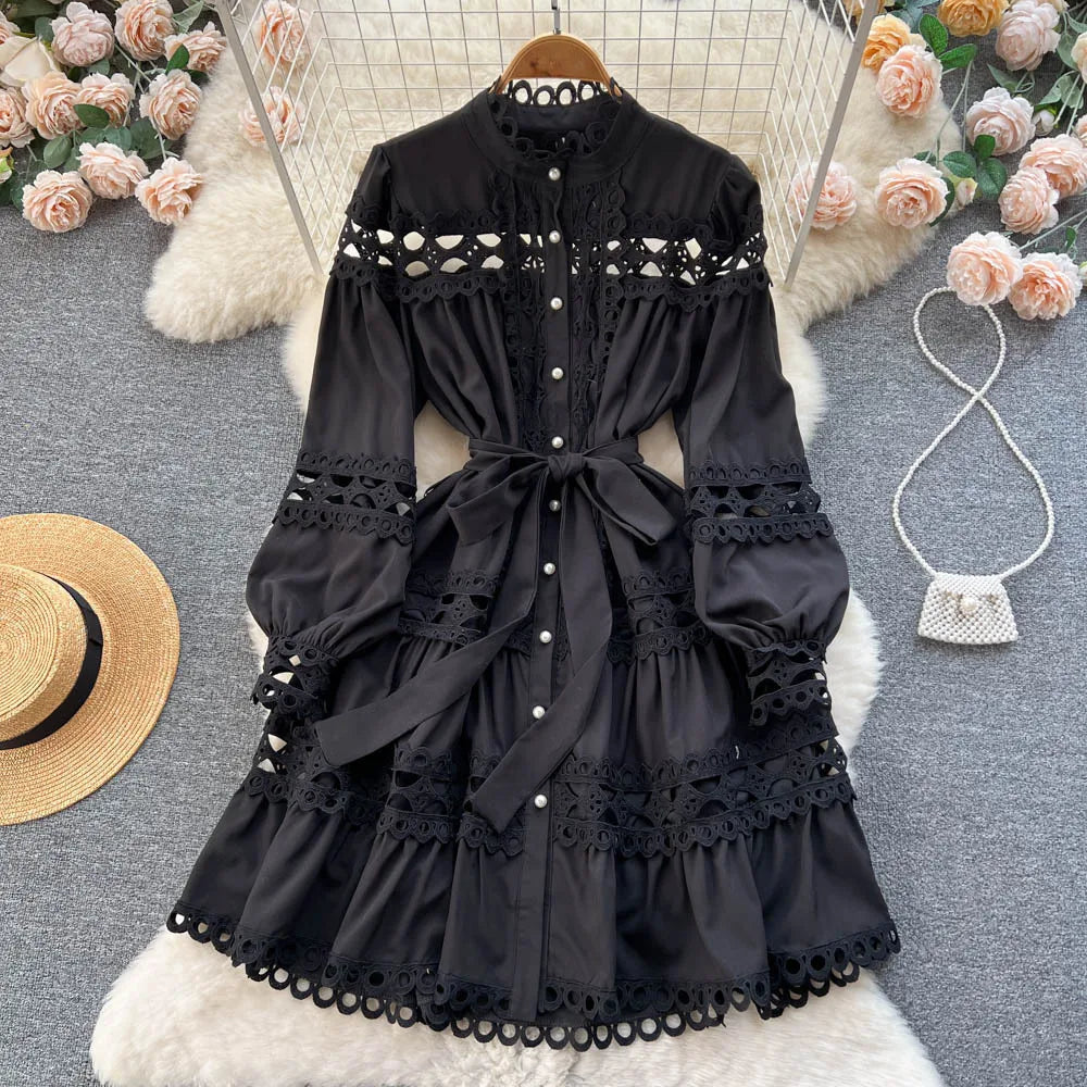 Maxy New style boho style standing collar hollowed out single breasted dress spring wear, women's lace up and hollowed out dress