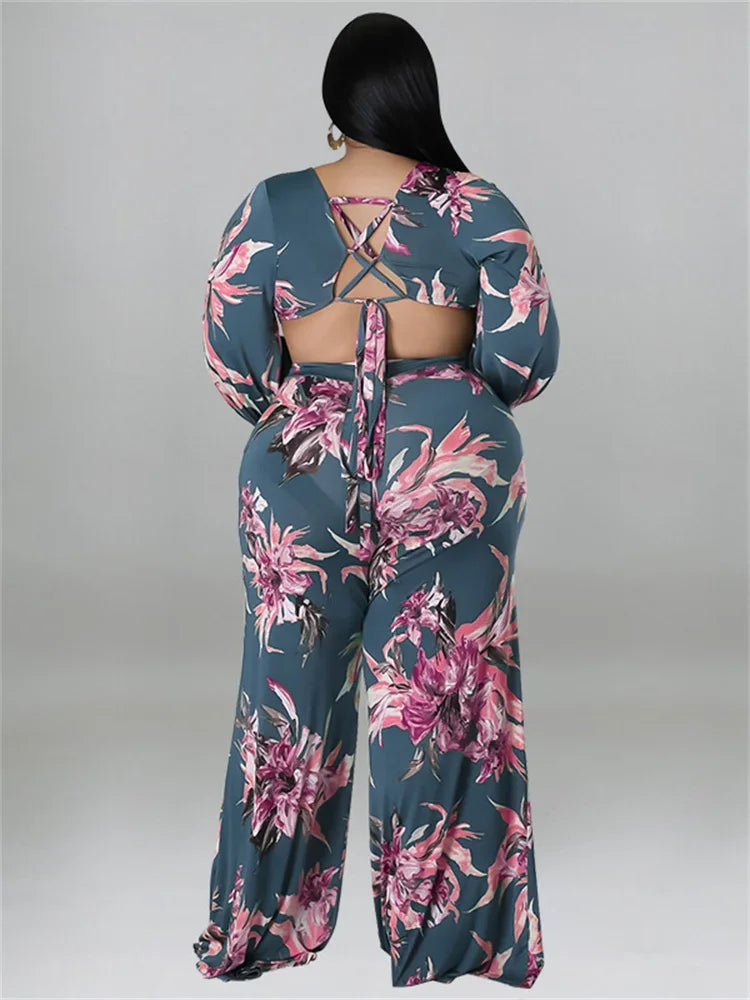 Amay Plus Size Jumpsuit Women Fall Clothes Print One Piece Outfits V Neck Wide Leg Office Ladies Romper