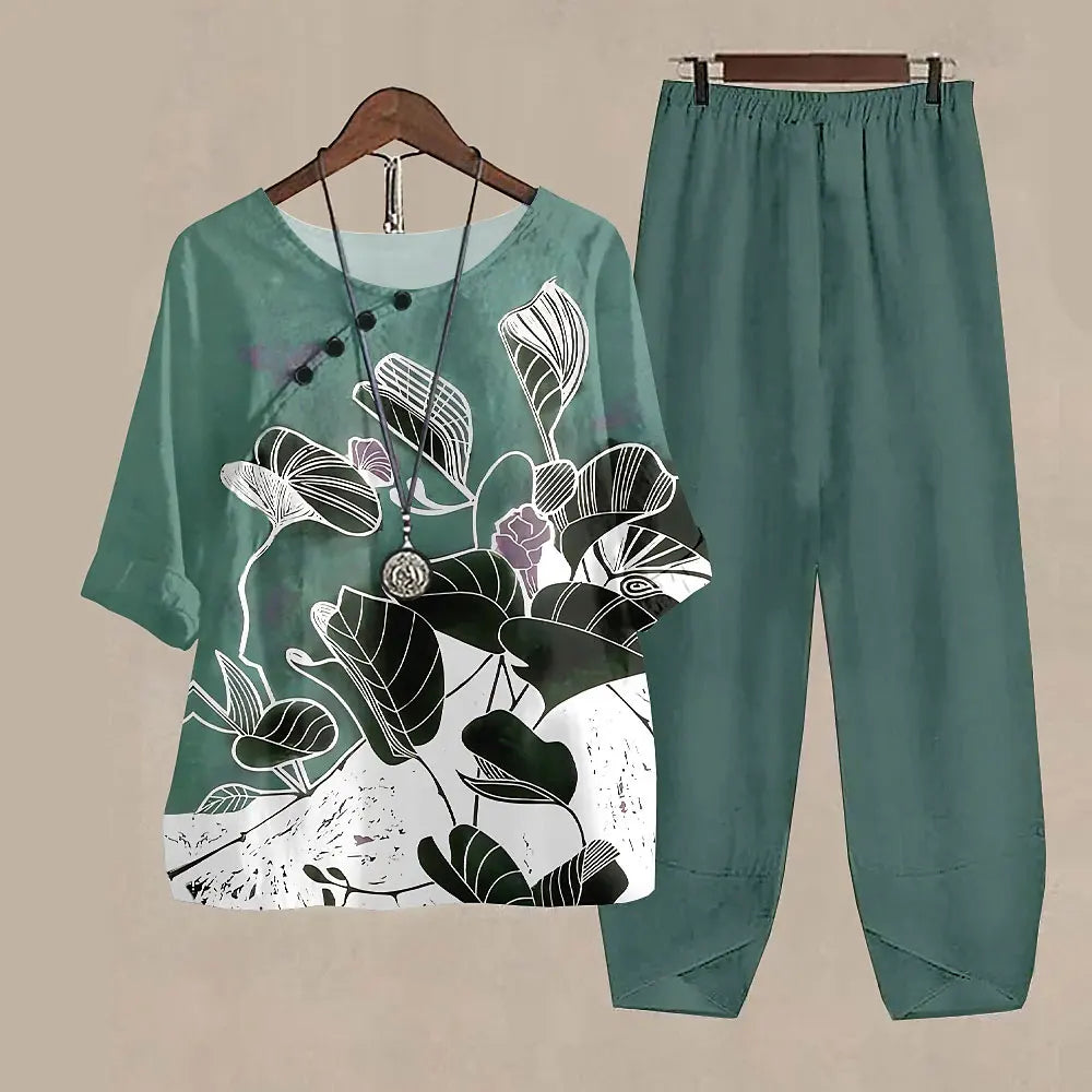 Maxy Leaf Printing Women O Neck Short Sleeve Suit Elegant High Waist Pants Fashion Top&Pants Set Casual Outfits Two Piece Sets Summer