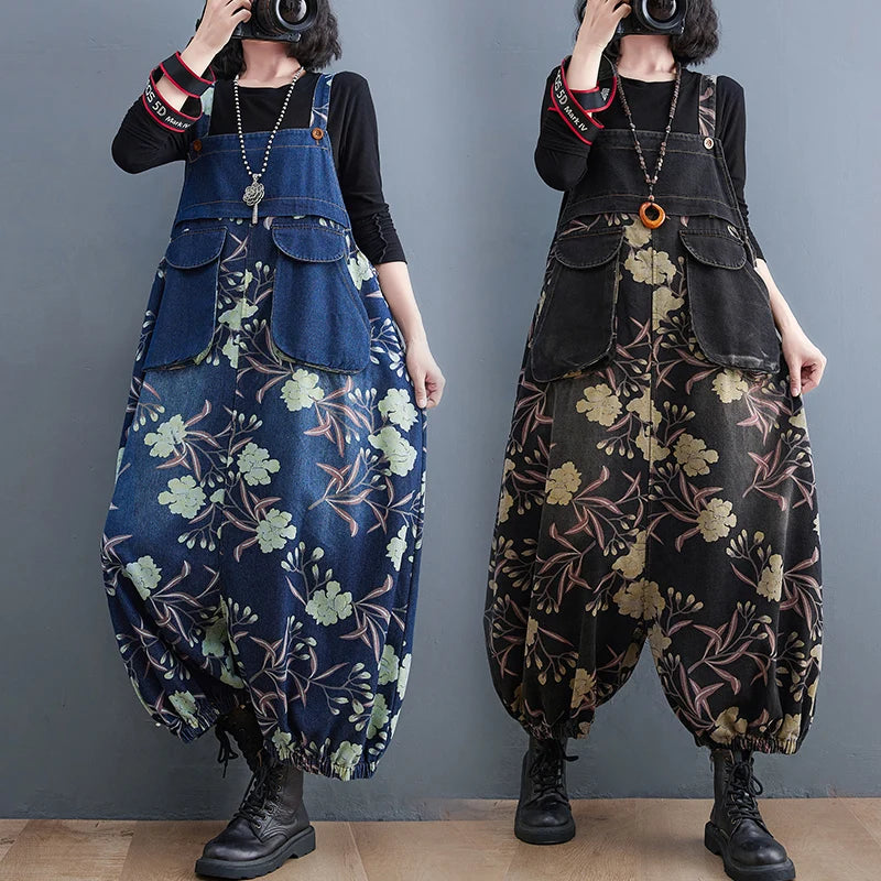 Maxy Slimming Floral Print Denim Overalls Women's Loose Fit High Waist Long Pants Autumn Season Fation plus Size Jeans Overalls