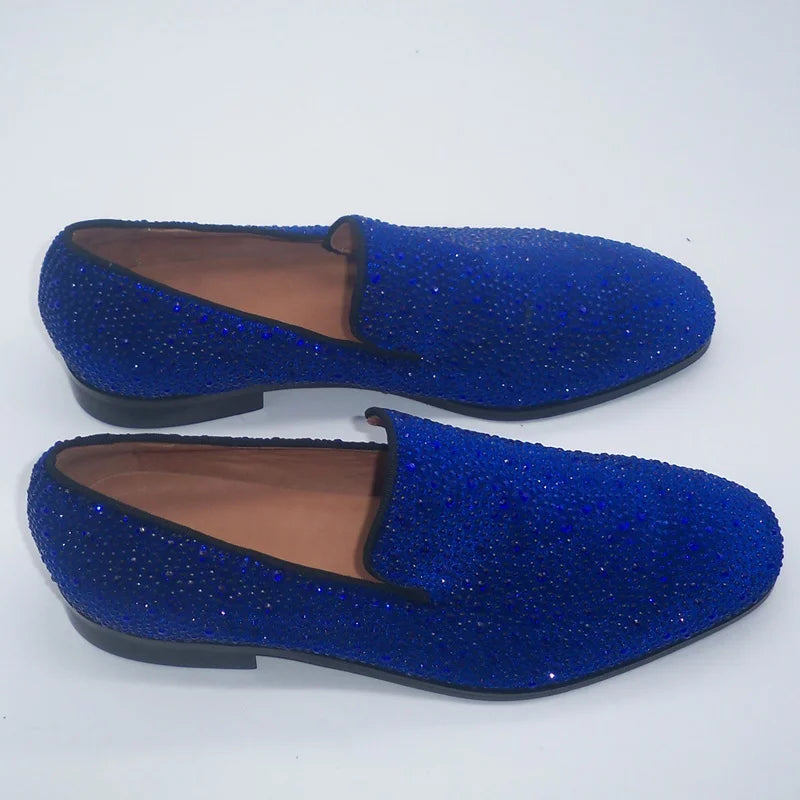 Visco LOUBUTEN Royal Blue Full Rhinestone Loafers Luxury Party And Wedding Shoes Men Crystal Shoes Slip On Flats Dress Shoes