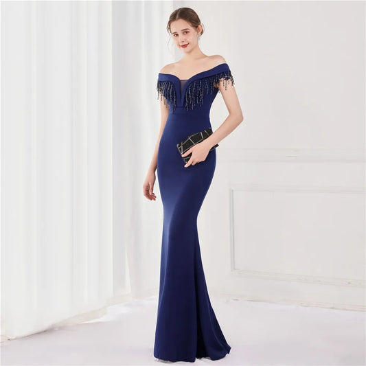 Maxy Evening Dress Navy Blue Stretchy Off the Shoulder Beads Zipper Back Mermaid Trumpet Floor Length Women Party Formal Gowns YE131