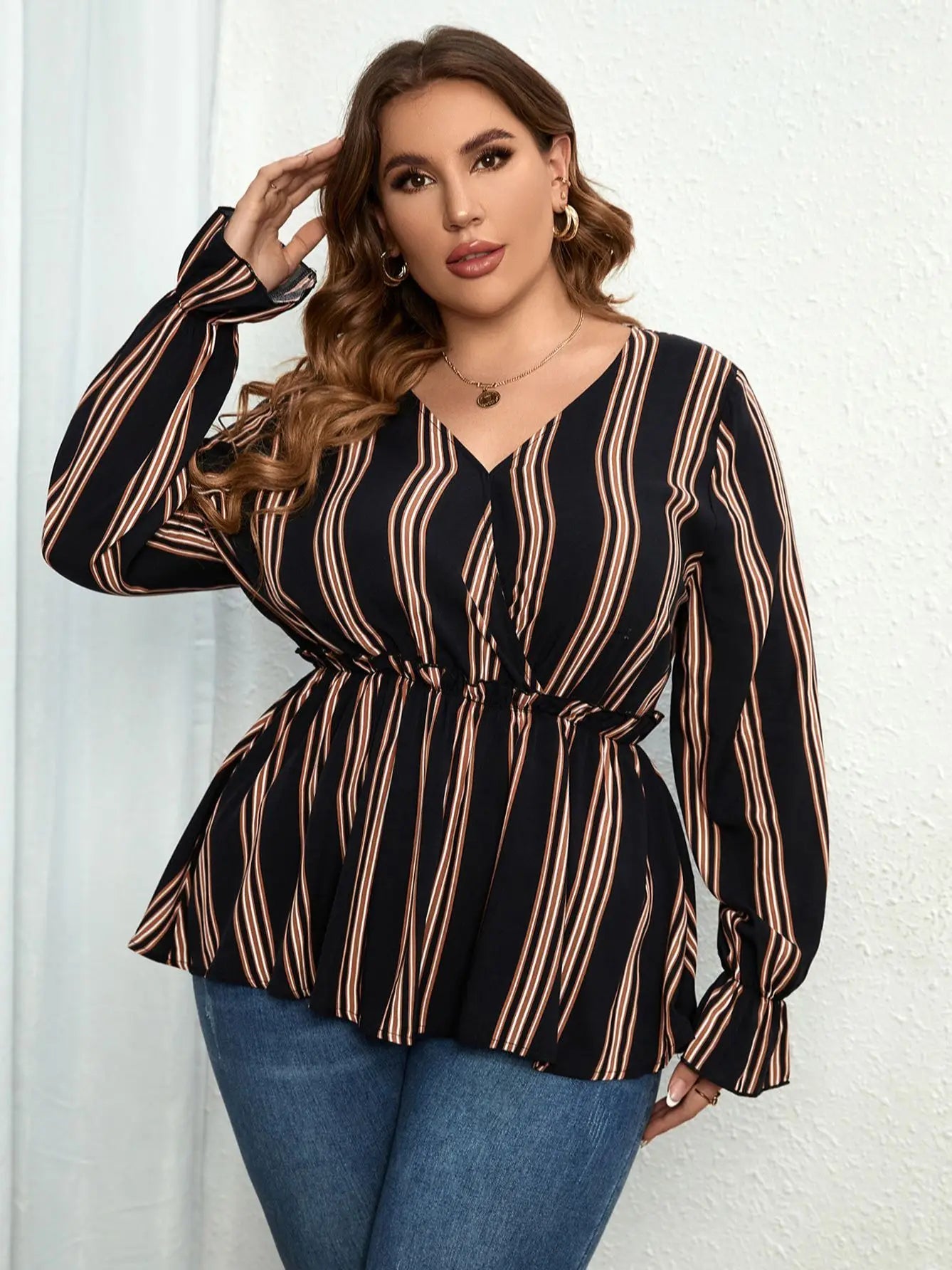 Maxy Women Plus Size Vintage Long Sleeve Tops Striped Print Wrap V-Neck Loose Ruffles Elastic Waist Peplum Blouses 3XL 4XL