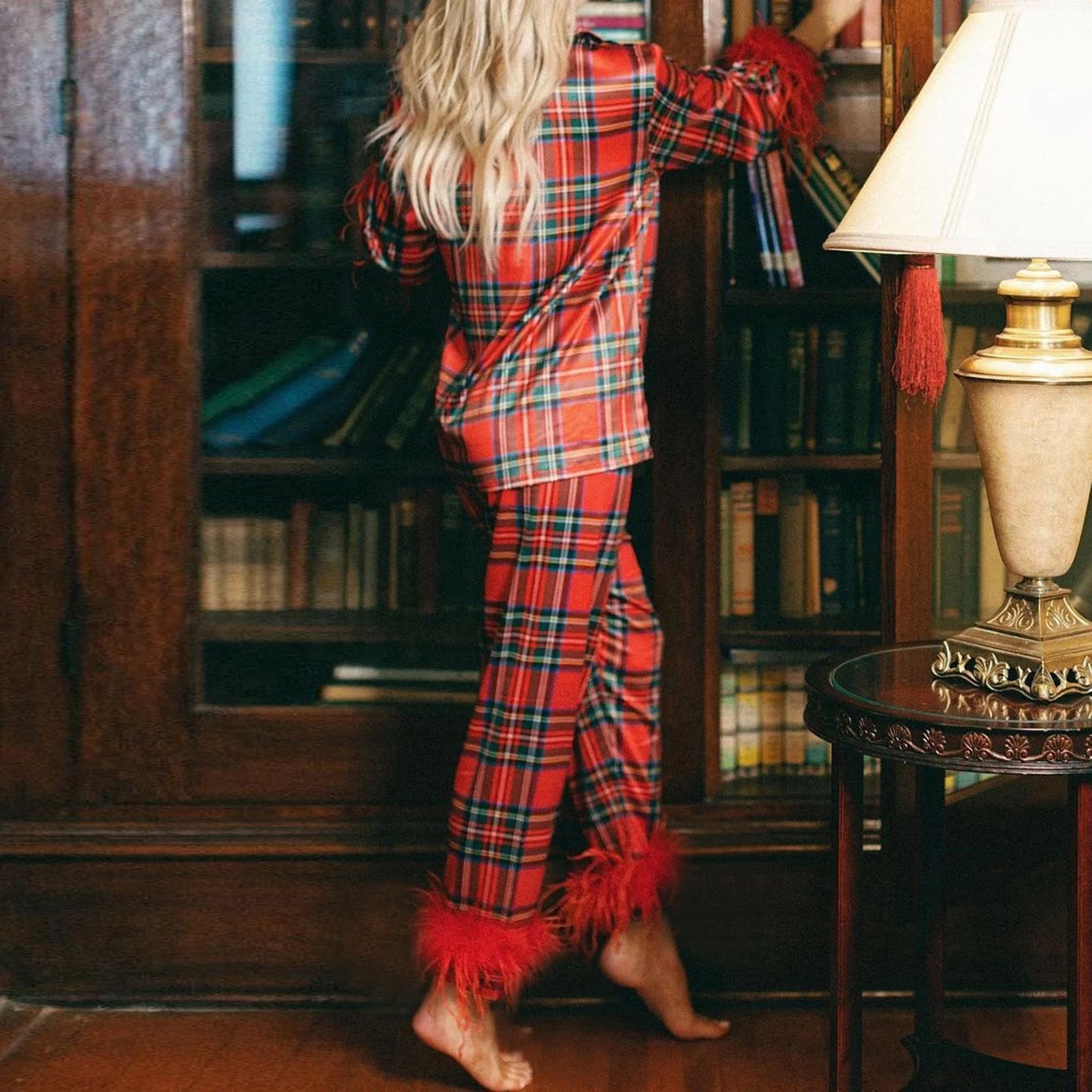 Zay Women's Pajama Set 2 Piece Feather Plaid Underwear Long Sleeve Lapel Button Up Shirt Tops and Pants Sleepwear Sets