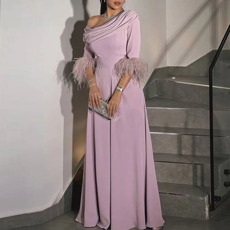 Amay Fashion Lady Diagonal Collar Party Jumpsuit Simple Elegant High Waist Pleat Pants One Piece Women Solid Patchwork Feather Romper